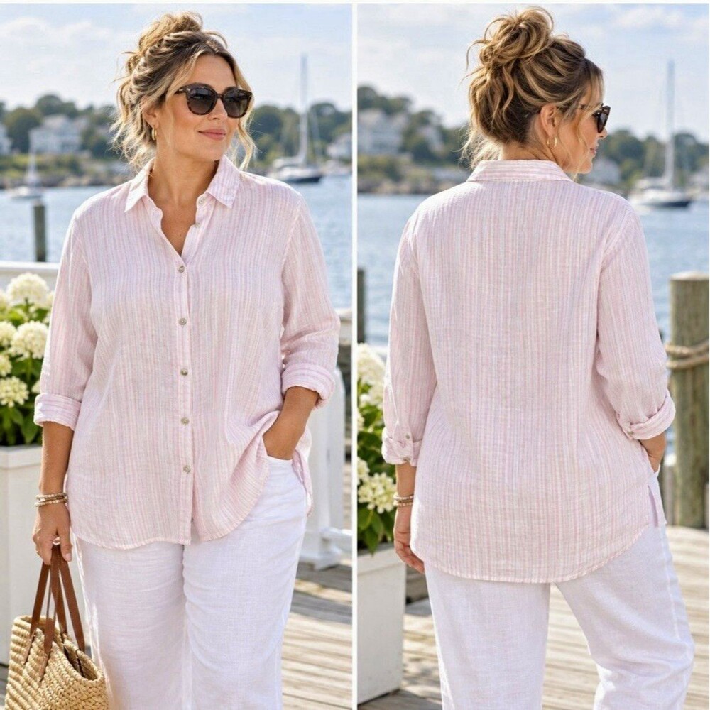 J. Jill Love Linen Women's Pink/White Striped Button-Up Shirt Long Sleeve XL